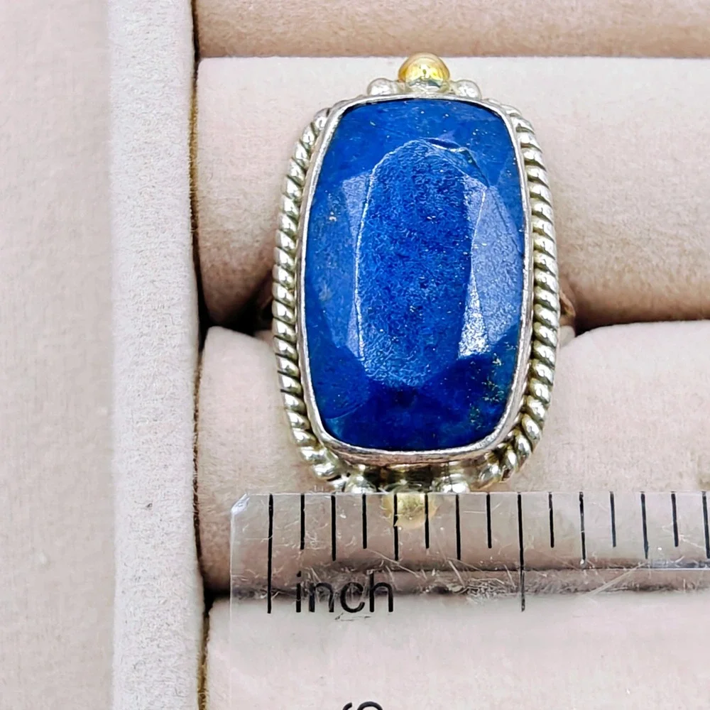 Artisan Sterling Silver 925 Faceted Lapis Lazuli Statement Ring Size 6